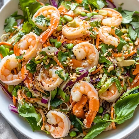 A colorful shrimp salad with fresh herbs and veggies.