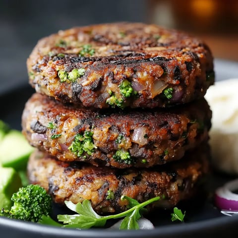 Three stacked patties with broccoli nearby.