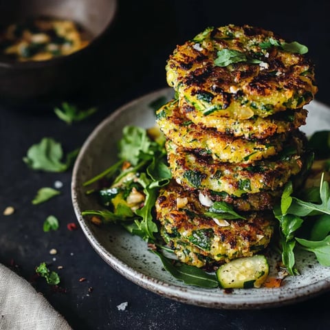 Stacked crispy vegetable fritters on a plate.