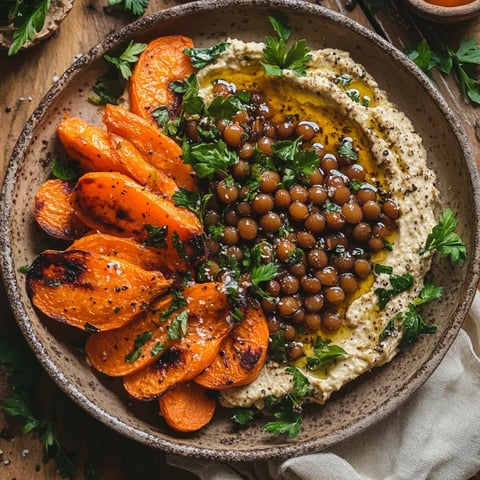 A bowl of lentils, carrots, and hummus topped with herbs.