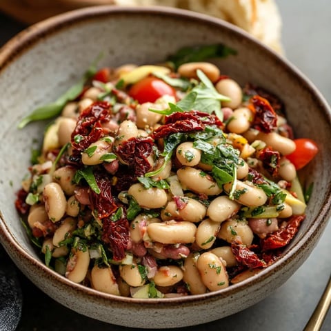 A blend of beans, tomatoes, and fresh greens in a bowl.