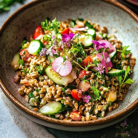 A hearty grain bowl with veggies.