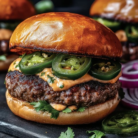 A burger stacked with peppers, onions, and melting cheese.