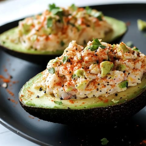 Two avocado halves with a salad in them.