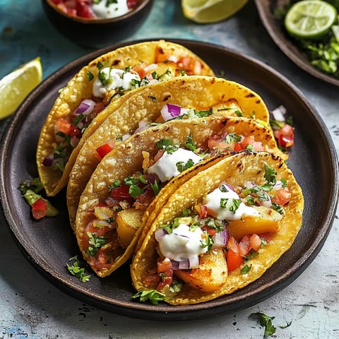 Three tacos with sour cream and tomatoes.