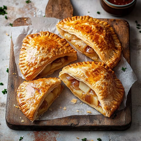 Four apple turnovers on a wooden board.