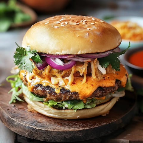 A burger with lettuce, onions, and cheese.