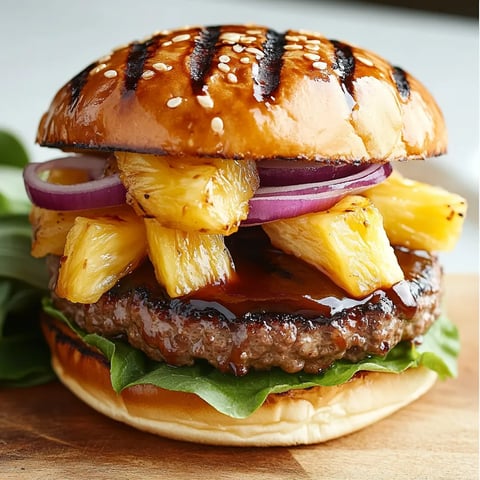 A hamburger with pineapple and onions.