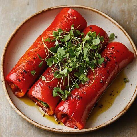 A plate of food with red peppers and greens.