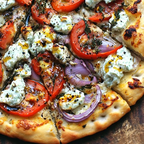 A pizza with tomatoes, onions, and cheese.