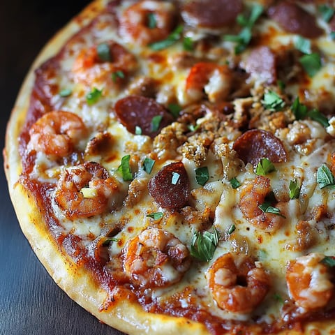 A pizza with shrimp and pepperoni.