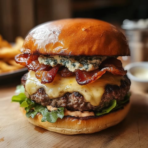 A burger with bacon and blue cheese.