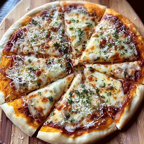 A pizza with cheese and herbs on a wooden table.
