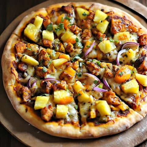 A pizza with pineapple and onions.