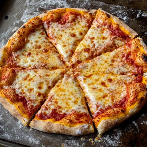 A pizza with cheese and tomato sauce.