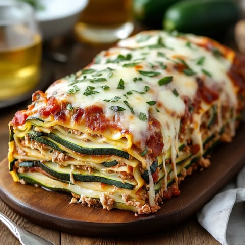 A large lasagna with cheese and zucchini on a wooden cutting board.