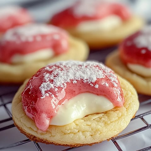 A tray of cookies with white icing and red strawberries.
