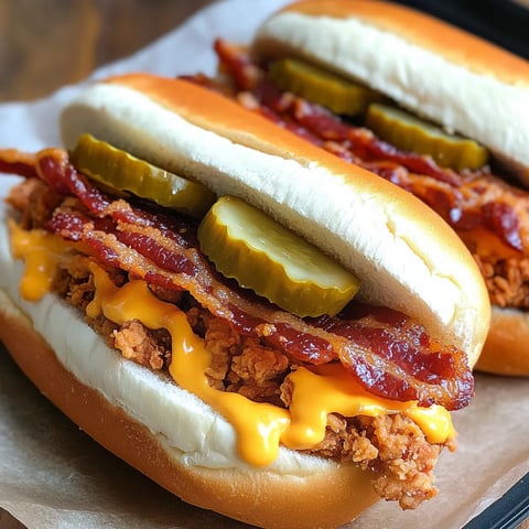 A sandwich with bacon and pickles.