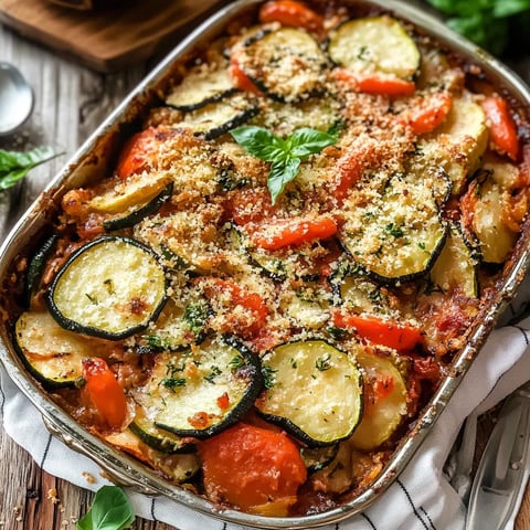 A pan of food with zucchini, tomatoes, and cheese.