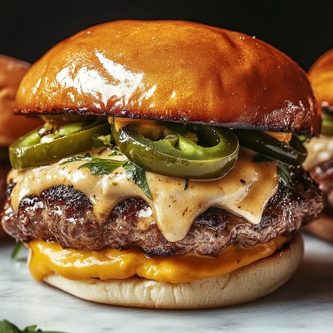 A close up of a burger with jalapenos and cheese.