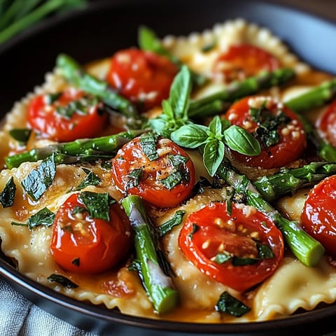 A plate of food with tomatoes, asparagus, and pasta.