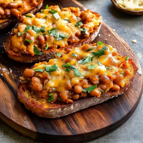 Two slices of bread with cheese and beans on them.