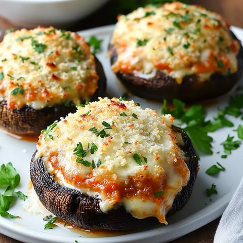 A plate of mushrooms with cheese on top.