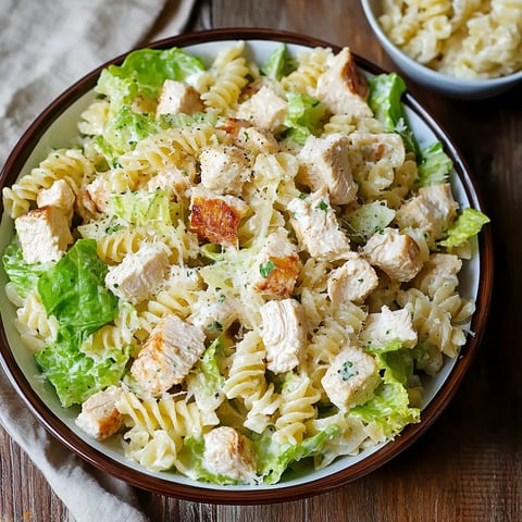 A bowl of pasta salad with chicken and lettuce.