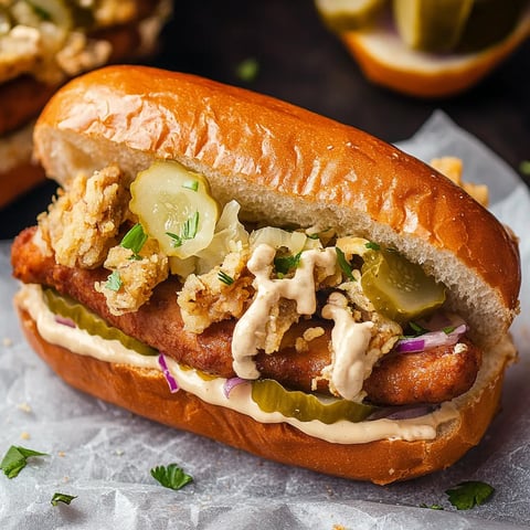 A sandwich with pickles and sauce.