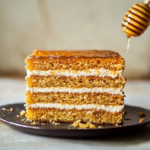 A slice of cake with honey drizzled on top.