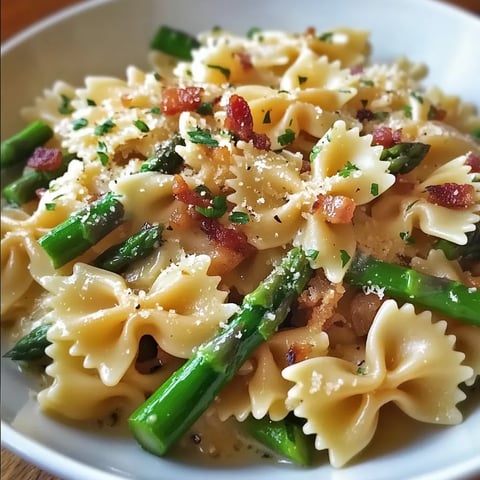 A bowl of pasta with bacon and asparagus.