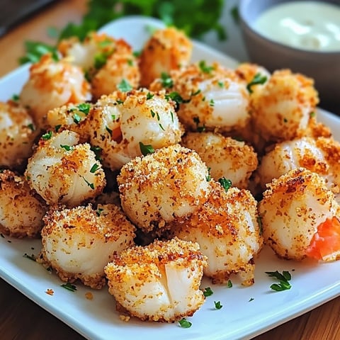 A plate of breaded shrimp with a bowl of dipping sauce.