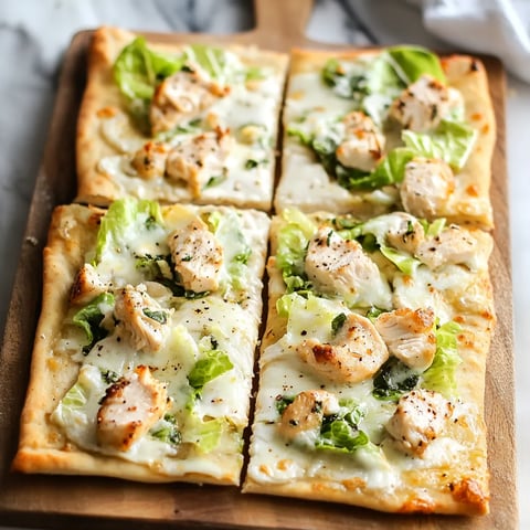 A pizza with chicken and lettuce on a wooden board.