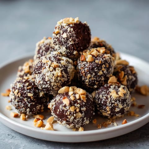 A plate of chocolate covered balls with nuts.