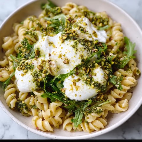 A bowl of pasta with white sauce and green vegetables.