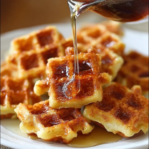 A plate of waffles with syrup drizzled on top.