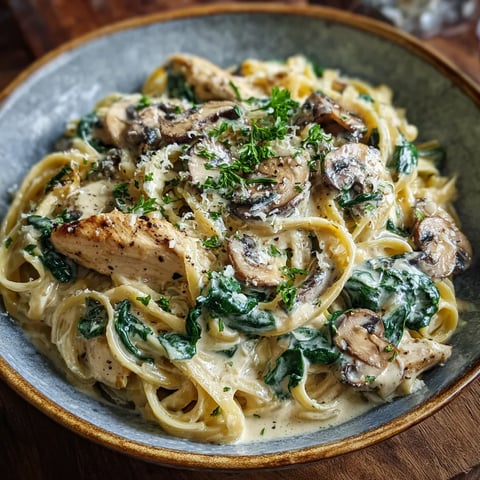 A bowl of pasta with mushrooms and chicken.