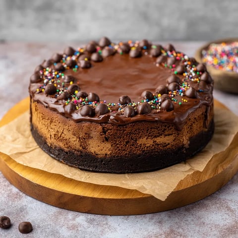 A chocolate cake with chocolate chips and sprinkles.