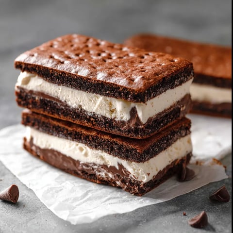 A stack of three chocolate and vanilla ice cream sandwiches.