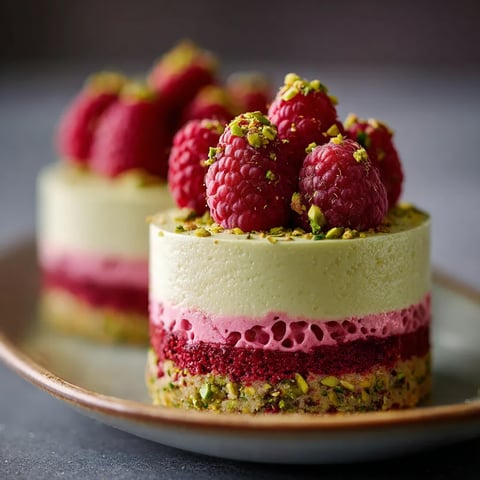 A slice of cake with raspberries on top.