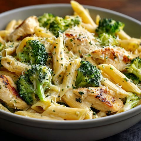 A bowl of creamy broccoli and chicken penne.