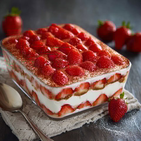A close up of a strawberry tiramisu dessert.
