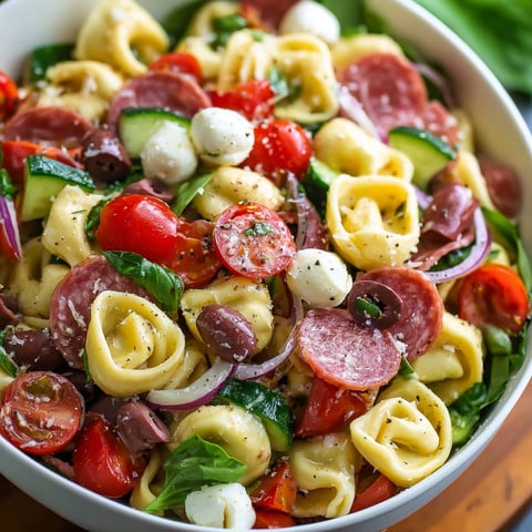 A bowl of pasta salad with tomatoes, cucumbers, and cheese.