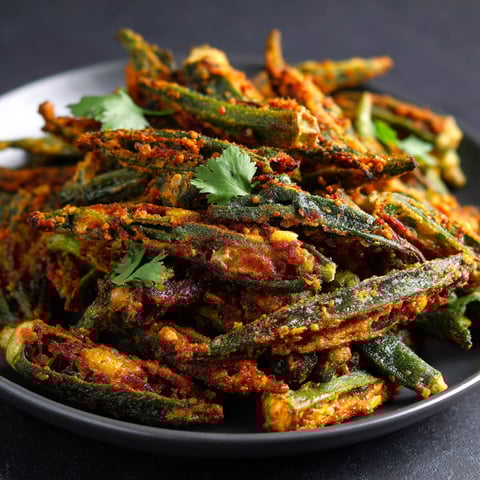A plate of air fryer kurkuri bhindi.