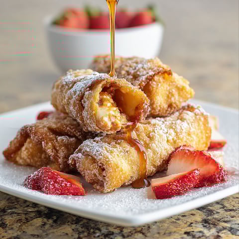 A plate of cheesecake egg rolls with syrup drizzled on top.