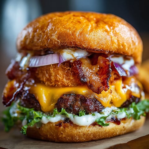 A Crack Burger with cheese, onions, and bacon.