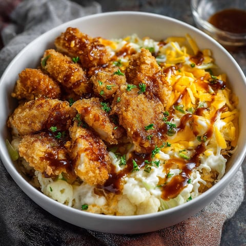 A bowl of fried chicken and mashed potatoes.