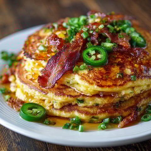 A stack of pancakes with jalapenos and cheddar cheese.