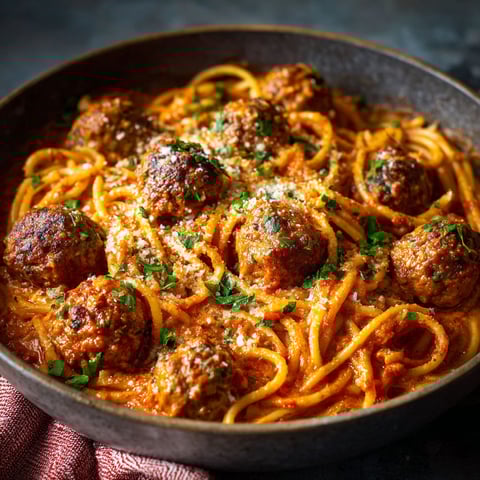 A bowl of creamy spaghetti and meatballs.