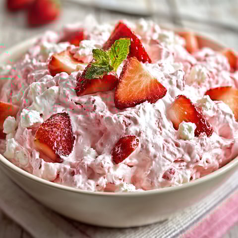 A bowl of strawberry fluff salad.